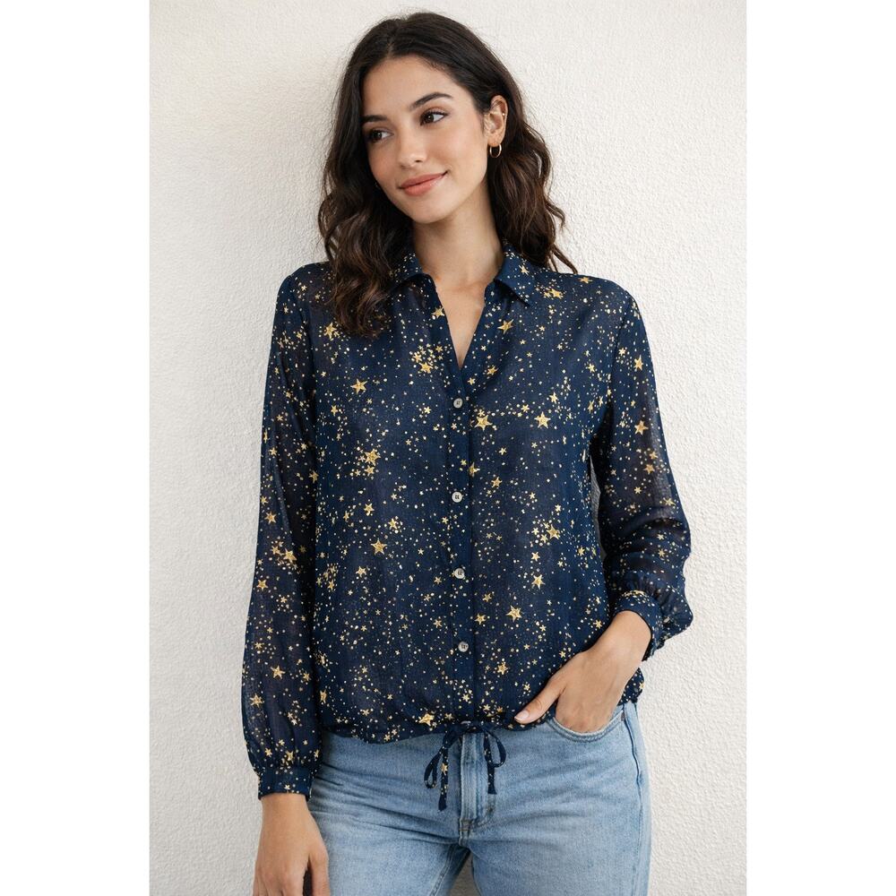 Hem & Thread‎ Star Print Navy Sheer Blouse Small New Gold Celestial Top
